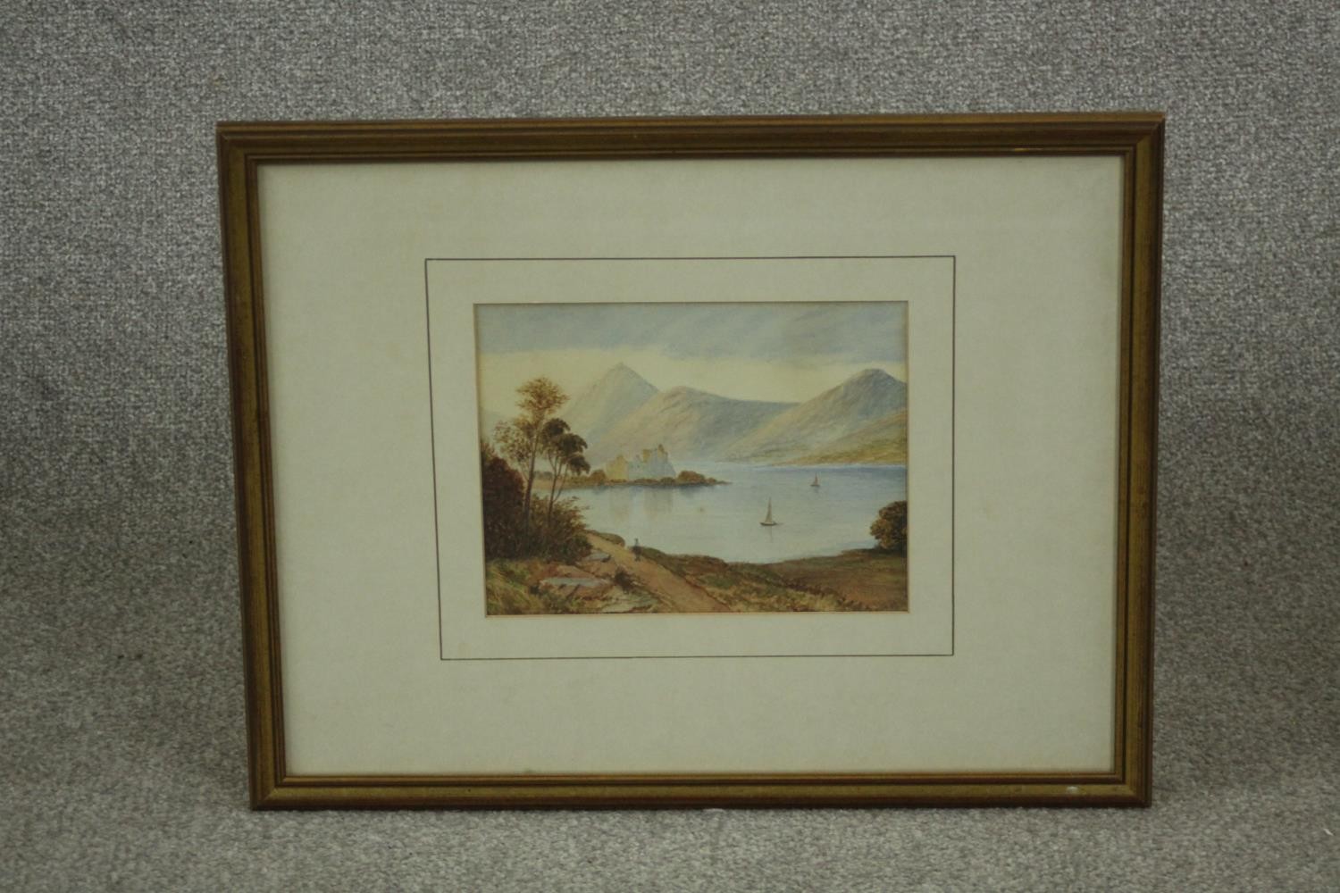 A framed and glazed 19th century watercolour of a lake scene with mountains in the distance, - Image 2 of 7