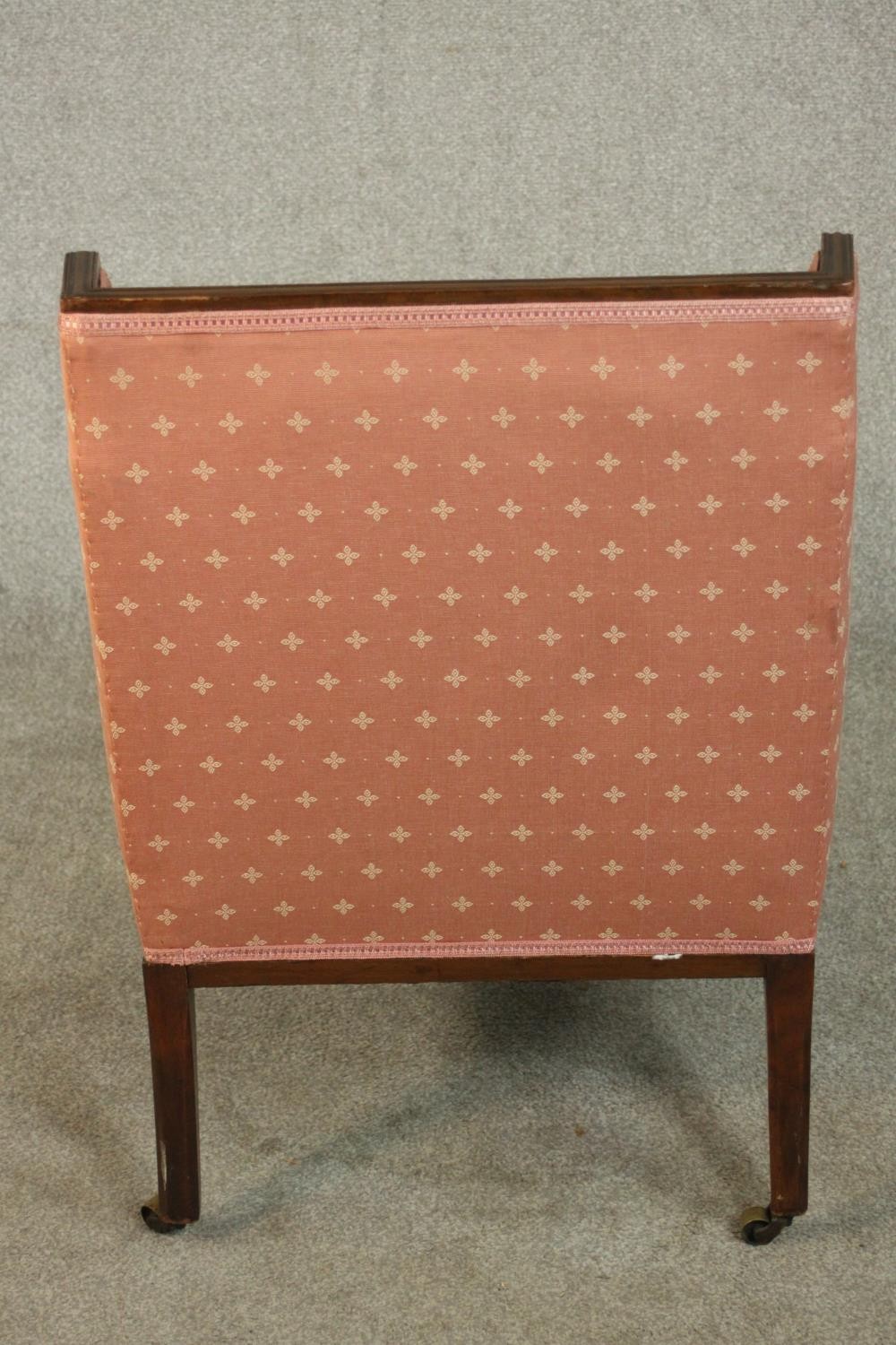 An Edwardian Adam style mahogany armchair upholstered in pink fabric, on square section tapering - Image 4 of 5