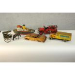 Five large vintage tin plate toys, including a steam boat, horse and carriage, fire engine, banana