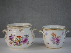 Two 19th century hand painted and gilded floral design cachepots. Makers marks to base. H.14 W.