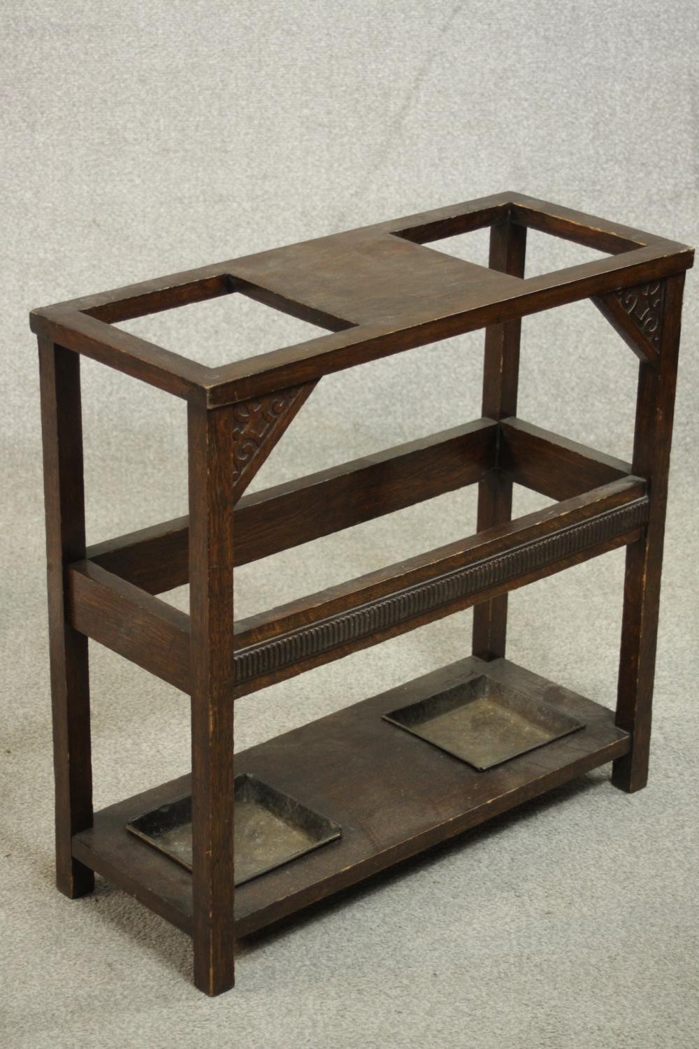 A Victorian oak umbrella stand, of rectangular form with two square openings for umbrellas and two - Image 3 of 5