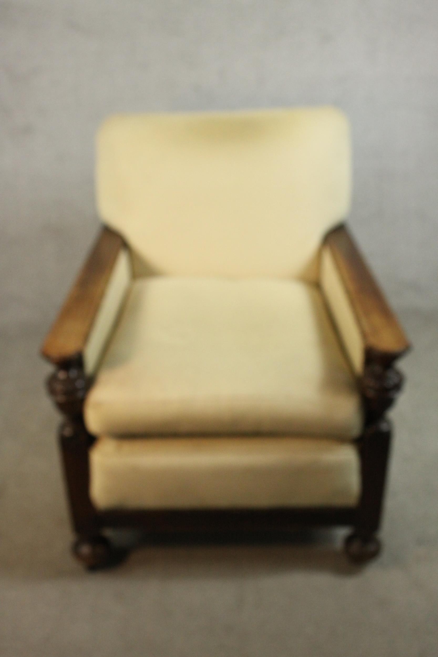 A pair of early 20th century oak armchairs, upholstered in cream fabric, with carved cup and cover - Image 3 of 10