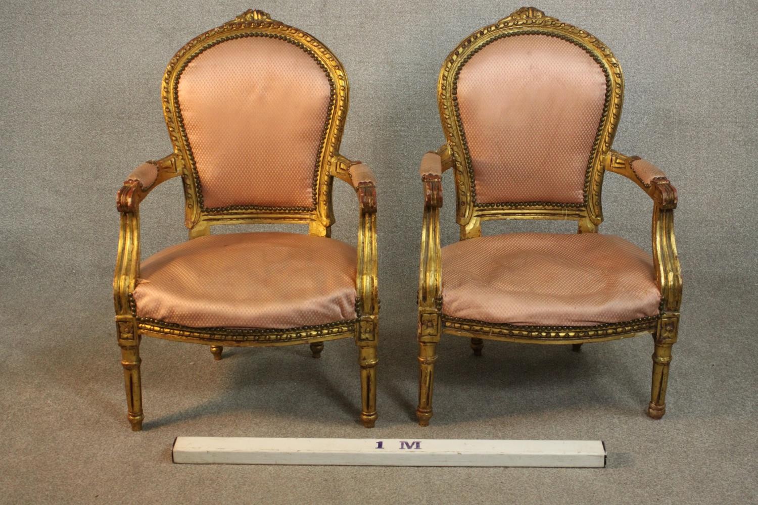 A pair of Louis XVI style giltwood fauteuil armchairs, upholstered in pink fabric to the back, - Image 2 of 12