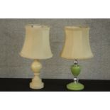 A carved alabaster table along with a Art Deco chrome and green Bakelite table lamp. Each with cream