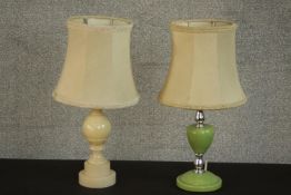A carved alabaster table along with a Art Deco chrome and green Bakelite table lamp. Each with cream