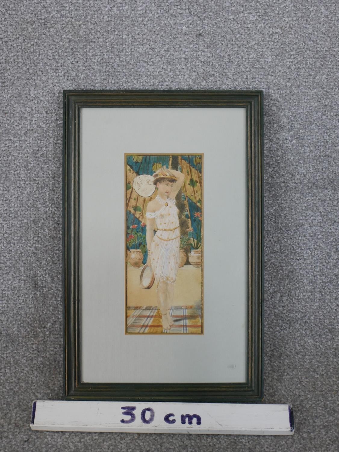 A framed and glazed watercolour of a female figure in white dress with tambourine, unsigned. H.36 - Image 3 of 4