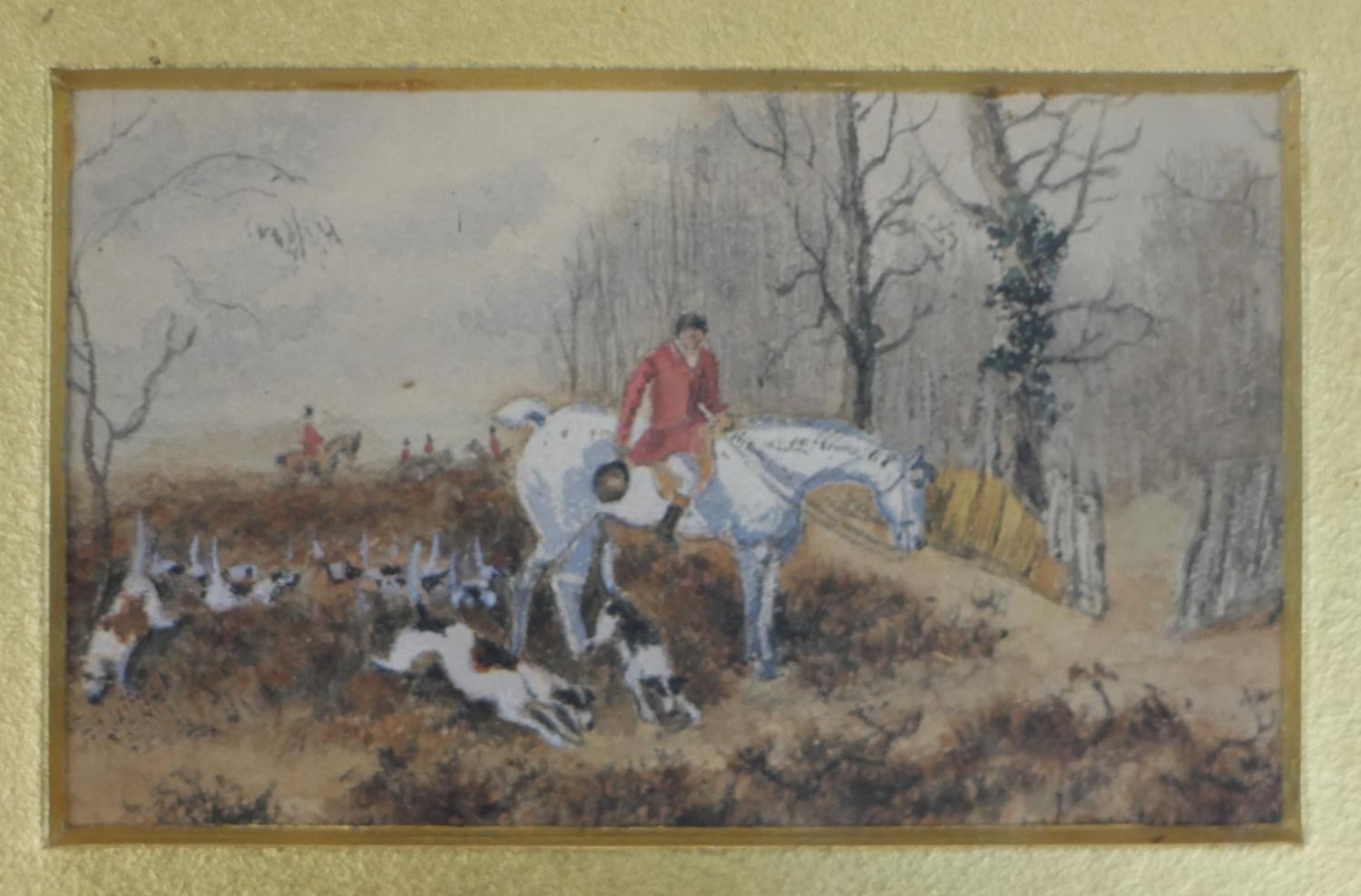 A gilt framed set of four 19th century watercolours of fox hunting scenes, unsigned. H.24 W.28cm - Image 5 of 9