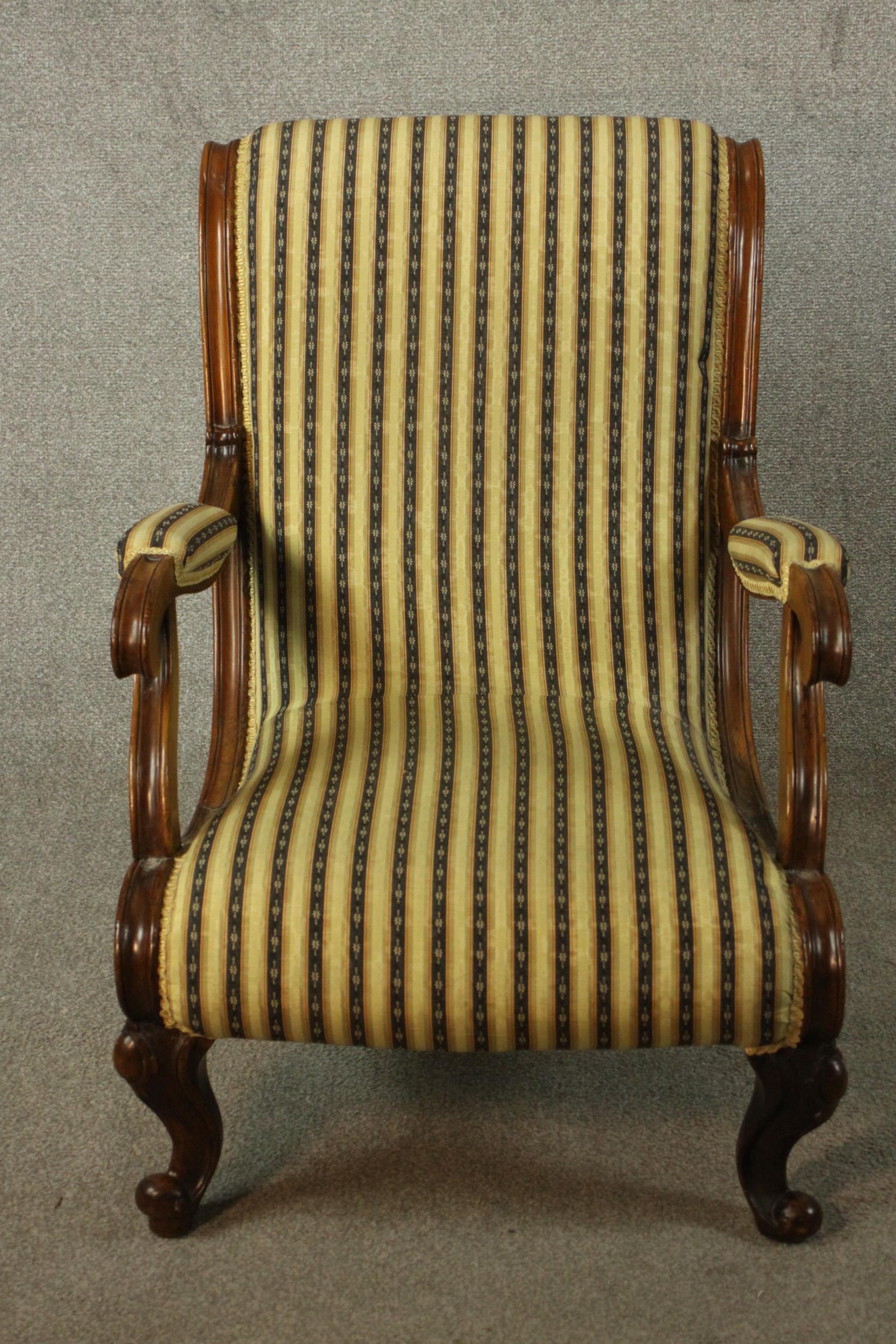 Two similar Victorian walnut slipper chairs, with striped upholstery, one with open arms, on - Image 3 of 21