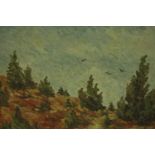 A gilt framed and glazed oil on board impasto of a heath landscape with birds in the sky,