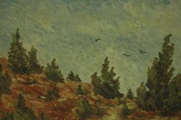 A gilt framed and glazed oil on board impasto of a heath landscape with birds in the sky,