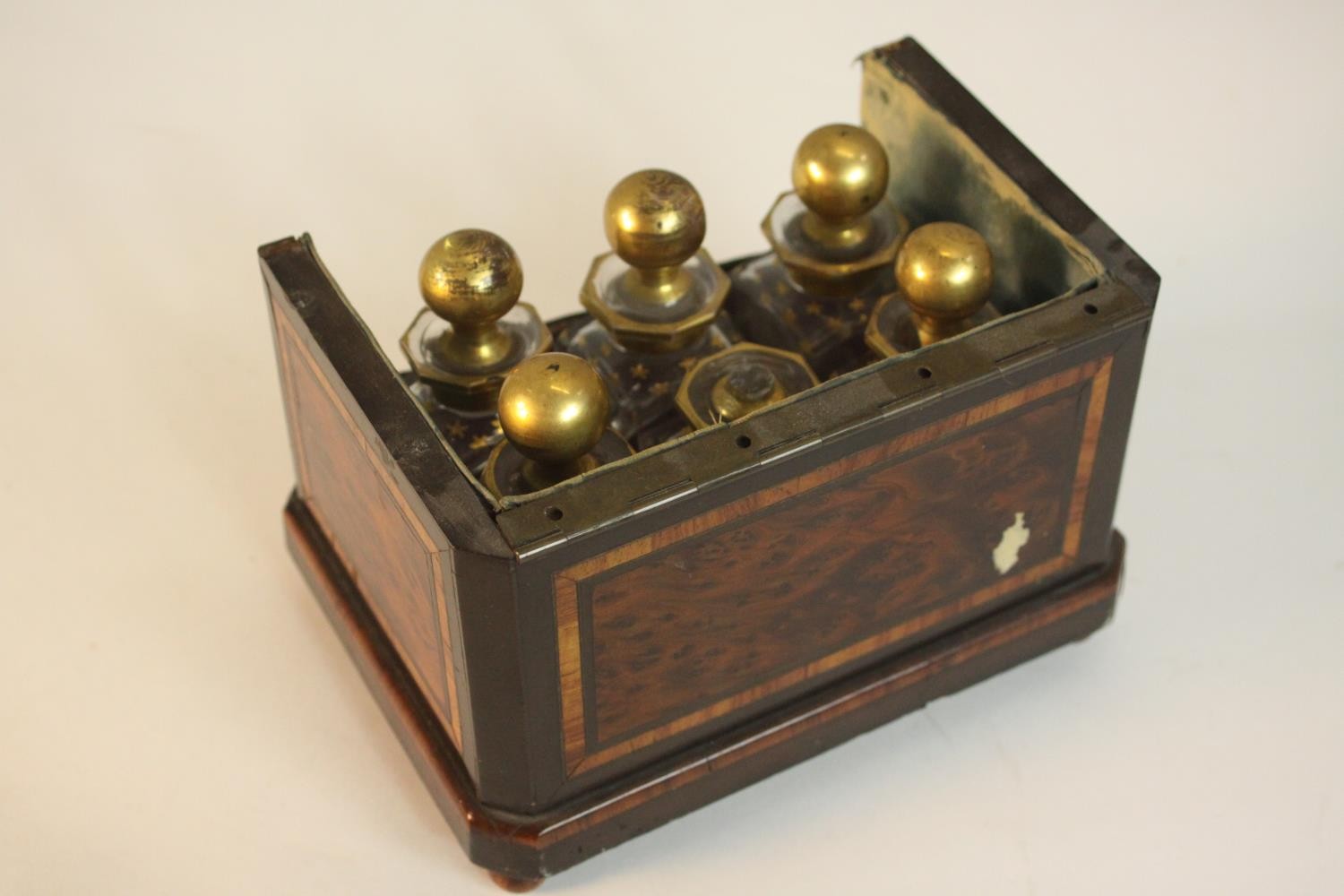 A 19th century six bottle perfume box, inlaid with burr wood panels, missing the front and lid, with - Image 9 of 9