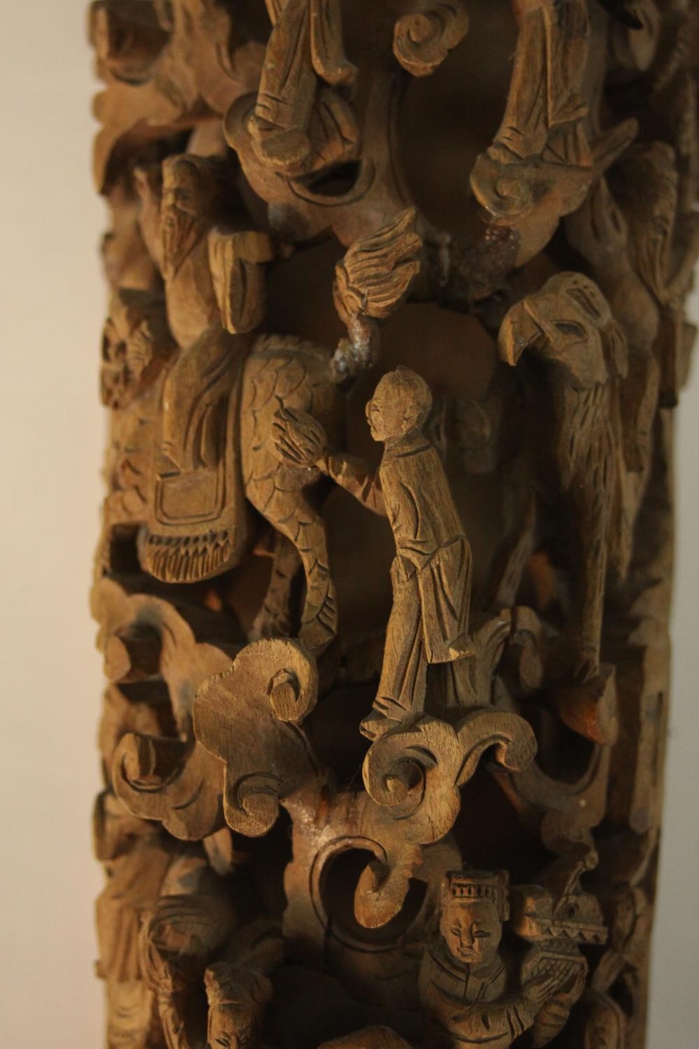 Two Chinese carved wood furniture panels, one carved with a procession of figures queueing to meet - Image 3 of 7