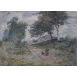 A framed and glazed watercolour of a countryside path with man and his dog, indistinctly signed. H.