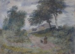 A framed and glazed watercolour of a countryside path with man and his dog, indistinctly signed. H.