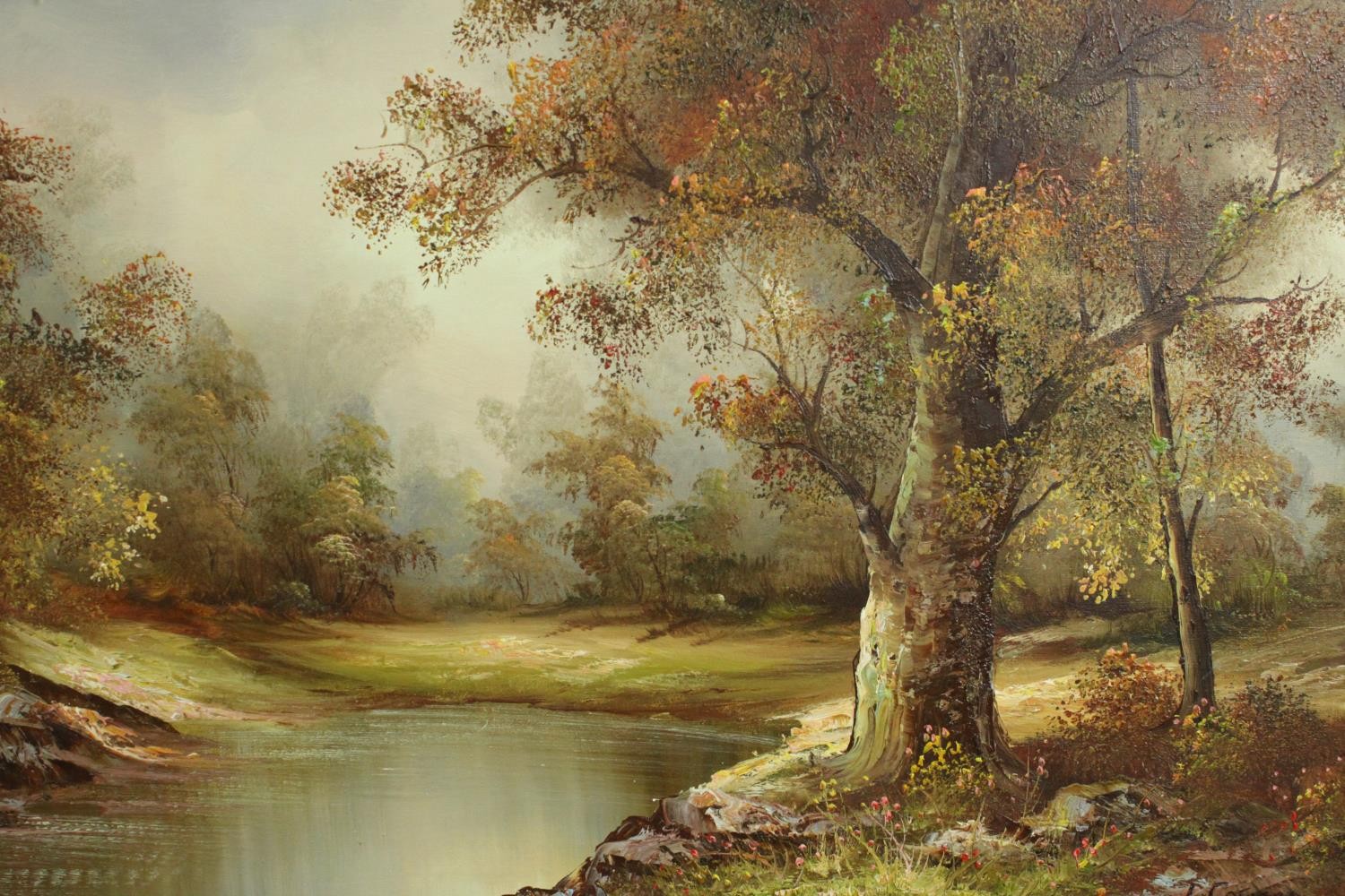 Irene Cafieri (Late 20th century school), Trees by a Body of Water, oil on canvas, signed lower