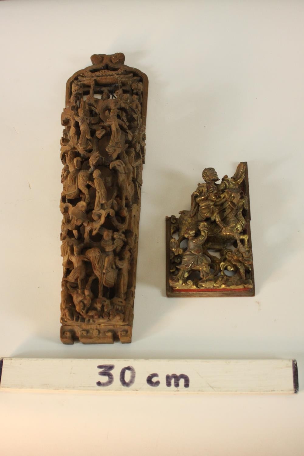 Two Chinese carved wood furniture panels, one carved with a procession of figures queueing to meet - Image 2 of 7