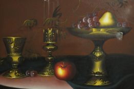 K Cotton (late 20th century school), Still Life With Fruit, oil on canvas, signed lower right. H.