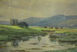 19th Century School, Cattle Grazing by a River, watercolour, monogrammed. H.49 W.73cm.