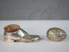 An Edwardian silver pin cushion/box in the form of a gentlemen's shoe hallmarked:SB&SLd for S