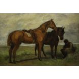 A framed oil on canvas, two race horses and jockey, inscribed to the back. H.26 W.32cm.