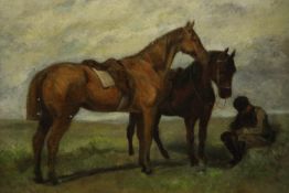 A framed oil on canvas, two race horses and jockey, inscribed to the back. H.26 W.32cm.