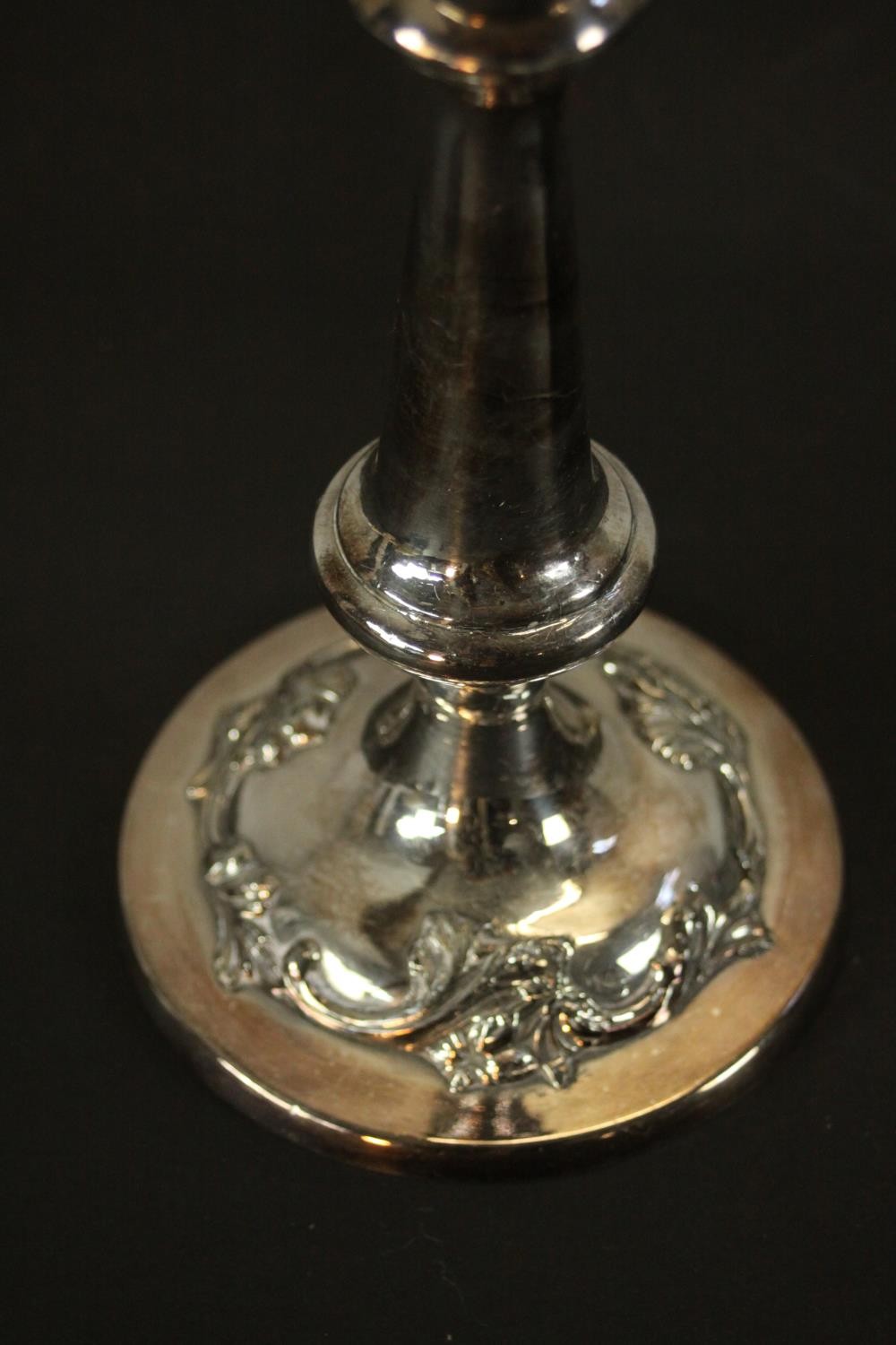 Two repousse silver plated candlesticks converted into table lamps. H.57 W.15 D.15cm. (largest) - Image 6 of 11