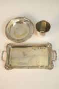 A collection of silver, including an Edwardian twin handled reeded bordered silver tray with shell