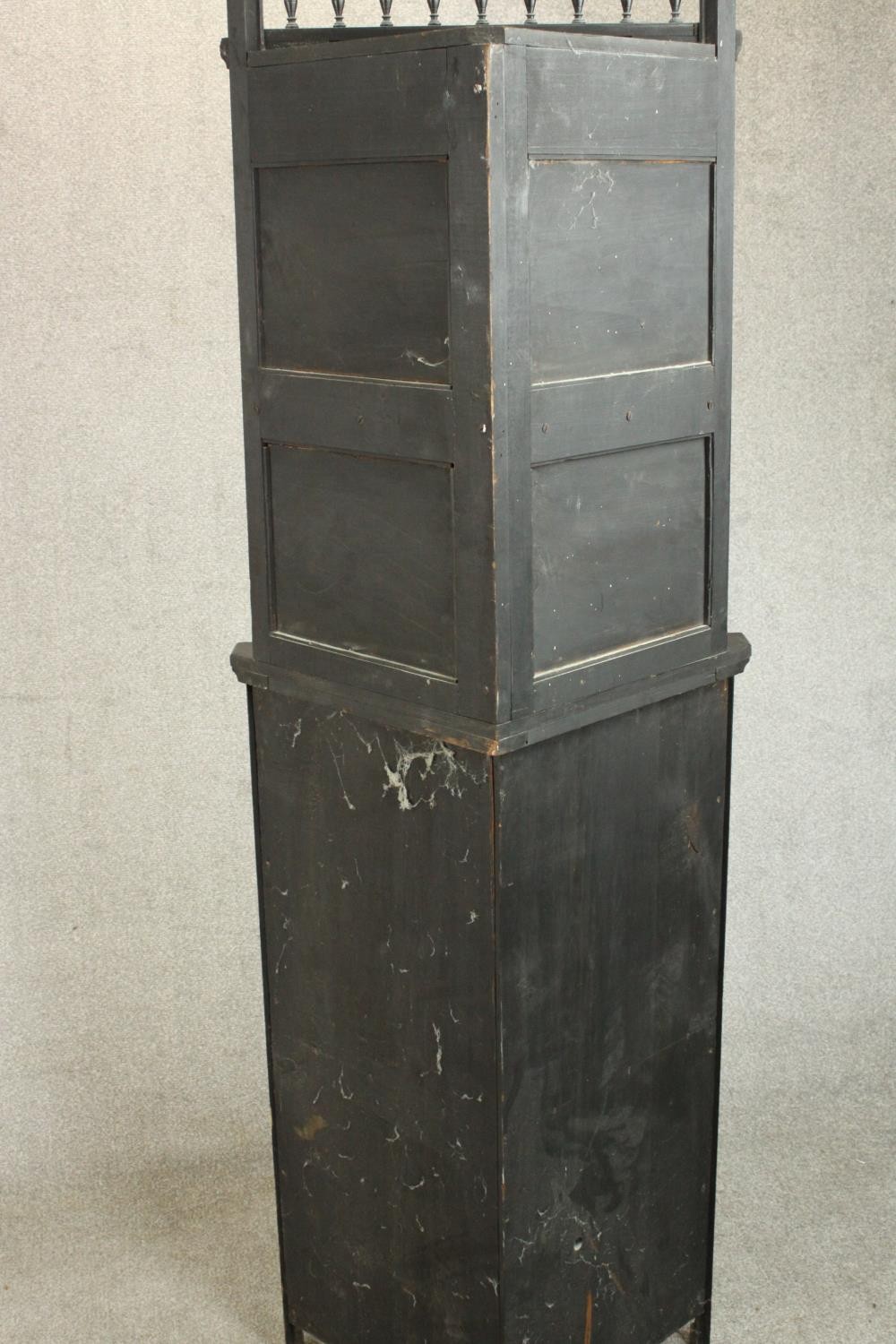 A Victorian Aesthetic movement ebonised corner cabinet with a gallery top over a shelf flanked by - Image 8 of 8