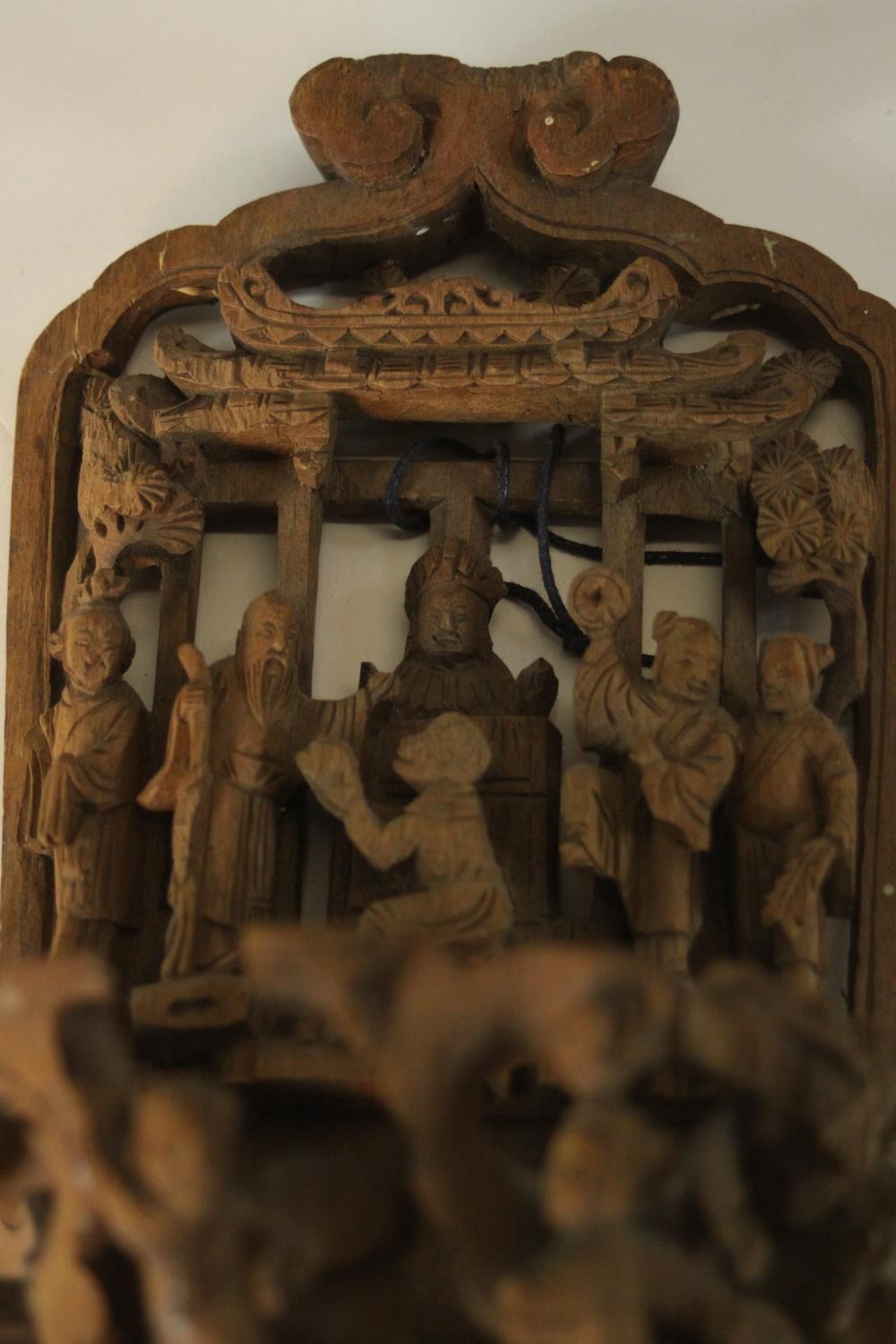 Two Chinese carved wood furniture panels, one carved with a procession of figures queueing to meet - Image 4 of 7