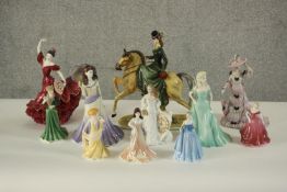 A Coalport hand painted porcelain model, La Promenade a Cheval, marked 22/1000, along with ten other