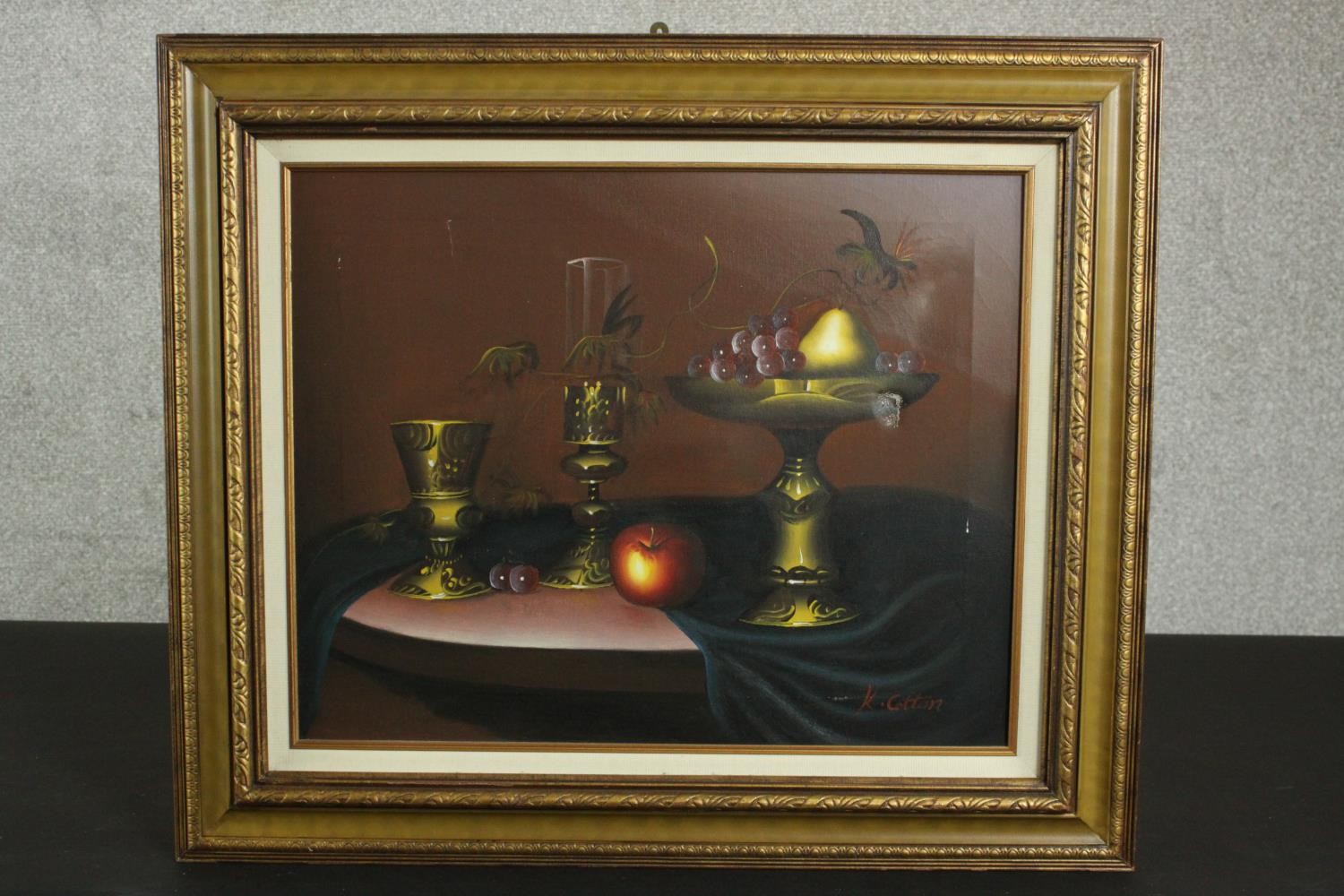 K Cotton (late 20th century school), Still Life With Fruit, oil on canvas, signed lower right. H. - Image 2 of 5