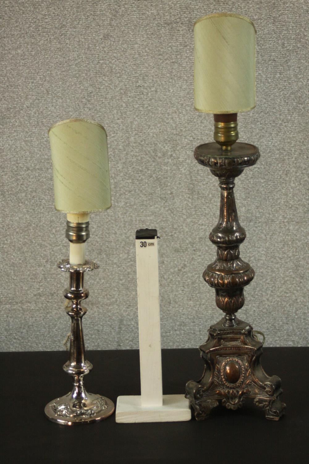 Two repousse silver plated candlesticks converted into table lamps. H.57 W.15 D.15cm. (largest) - Image 2 of 11