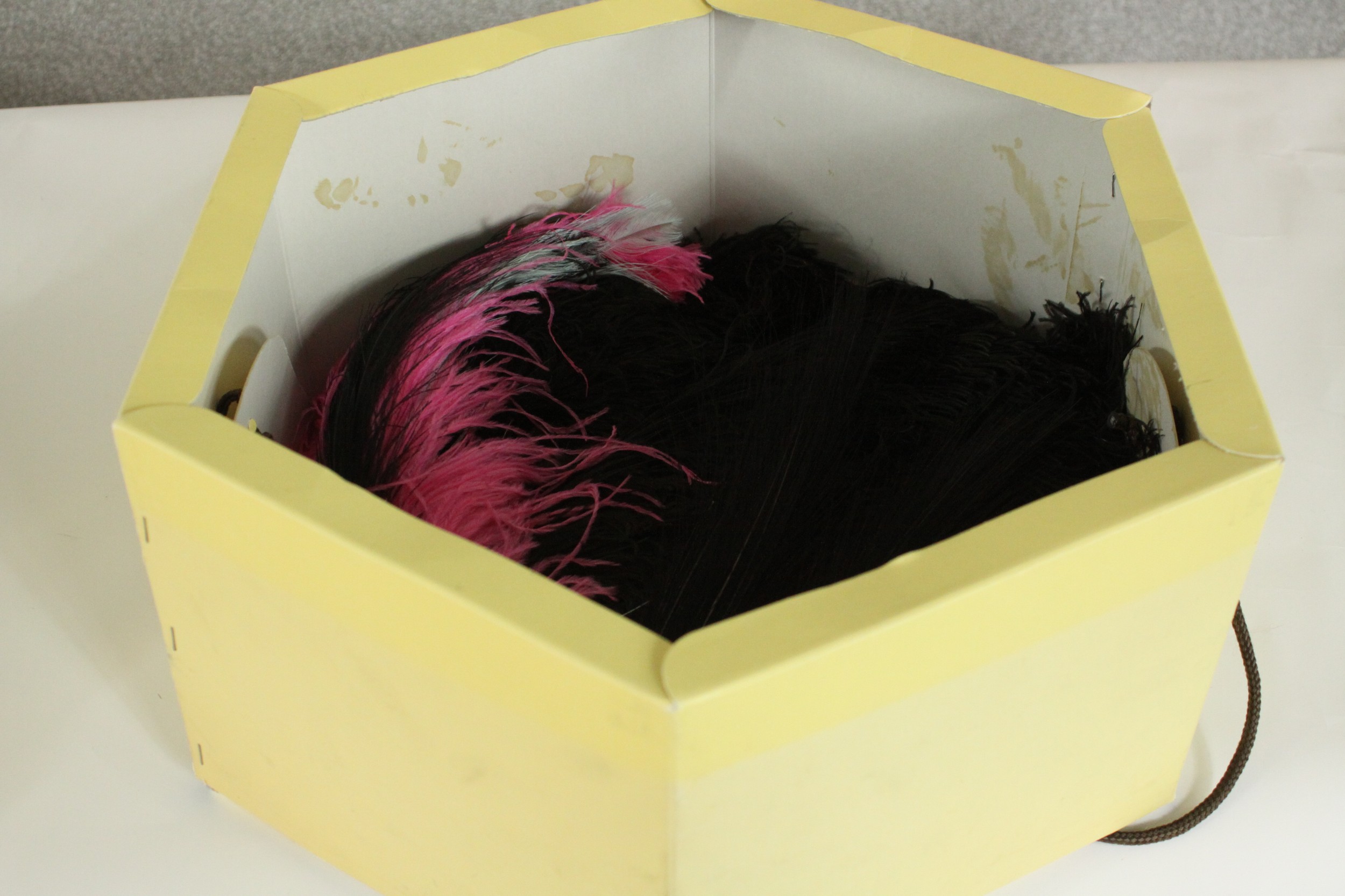 A vintage Selfridges hat box containing an early 20th century black ostrich feather fan with - Image 2 of 10