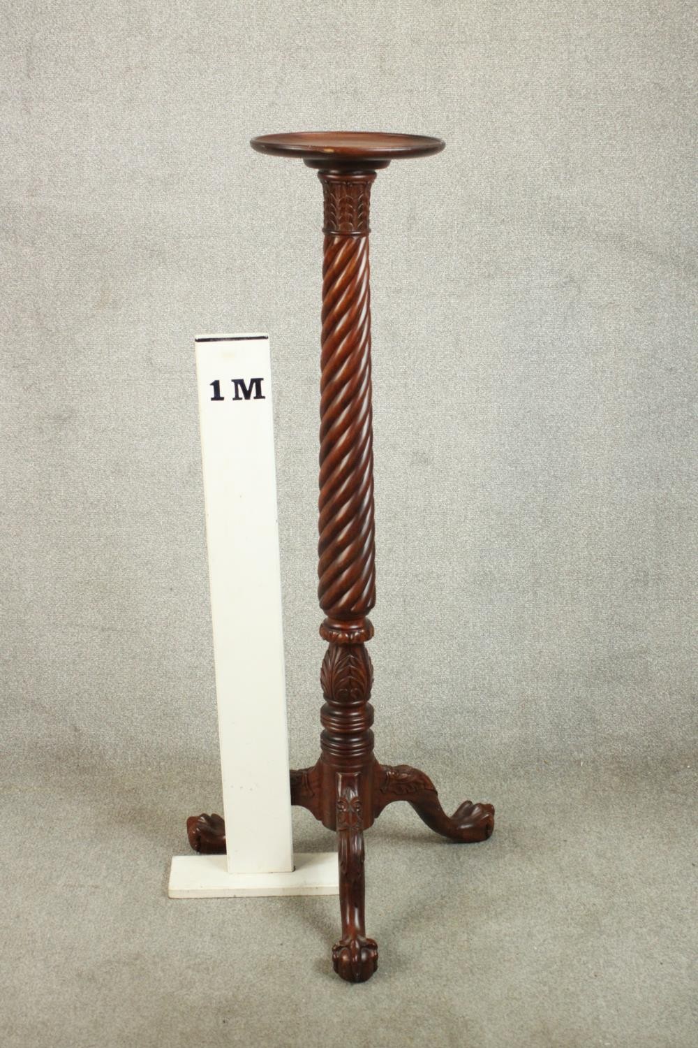 A Victorian style mahogany torchere, with a dished top on a wrythen column on tripod legs - Image 3 of 7