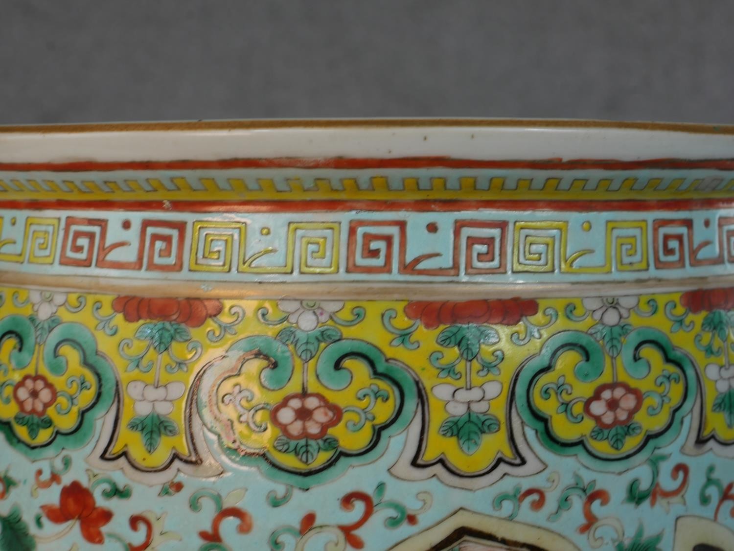 A large Chinese early 20th century porcelain gold fish bowl, the outside hand painted with a - Image 2 of 7