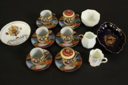 A set of six Samurai porcelain coffee cups and saucers, a Limoges gilded blue ceramic trinket dish