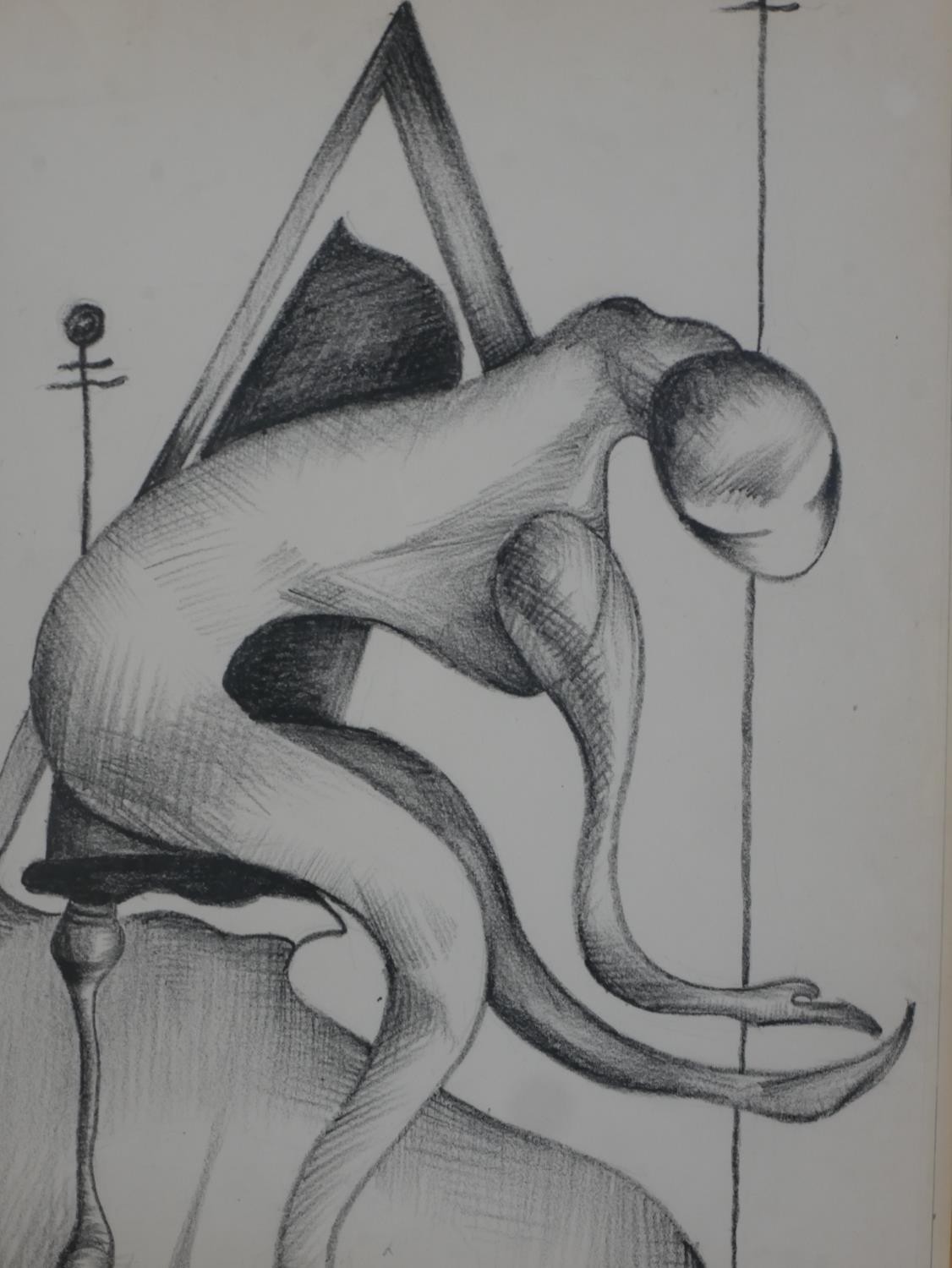Edward Toledano (1919 - 2009), charcoal on paper, surreal figure study, signed. H.62 W.49cm - Image 5 of 5