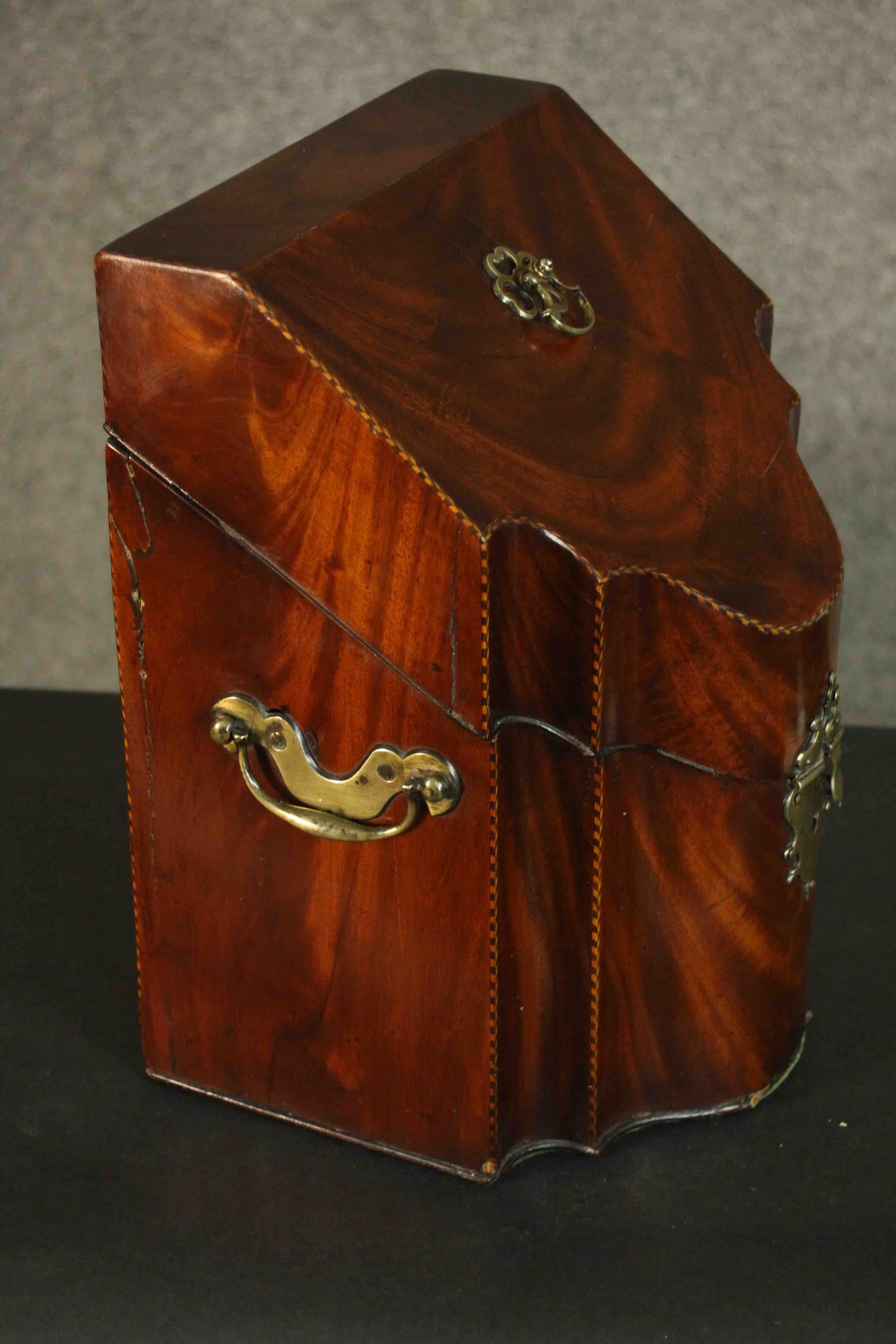 A converted 20th century Edwardian mahogany knife box, of typical form, herringbone inlay banding - Image 5 of 9