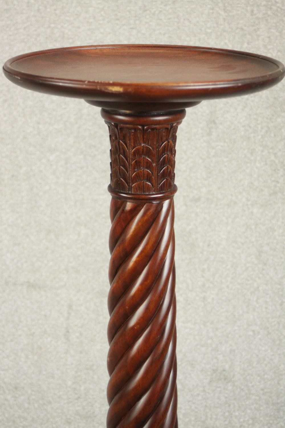 A Victorian style mahogany torchere, with a dished top on a wrythen column on tripod legs - Image 4 of 7