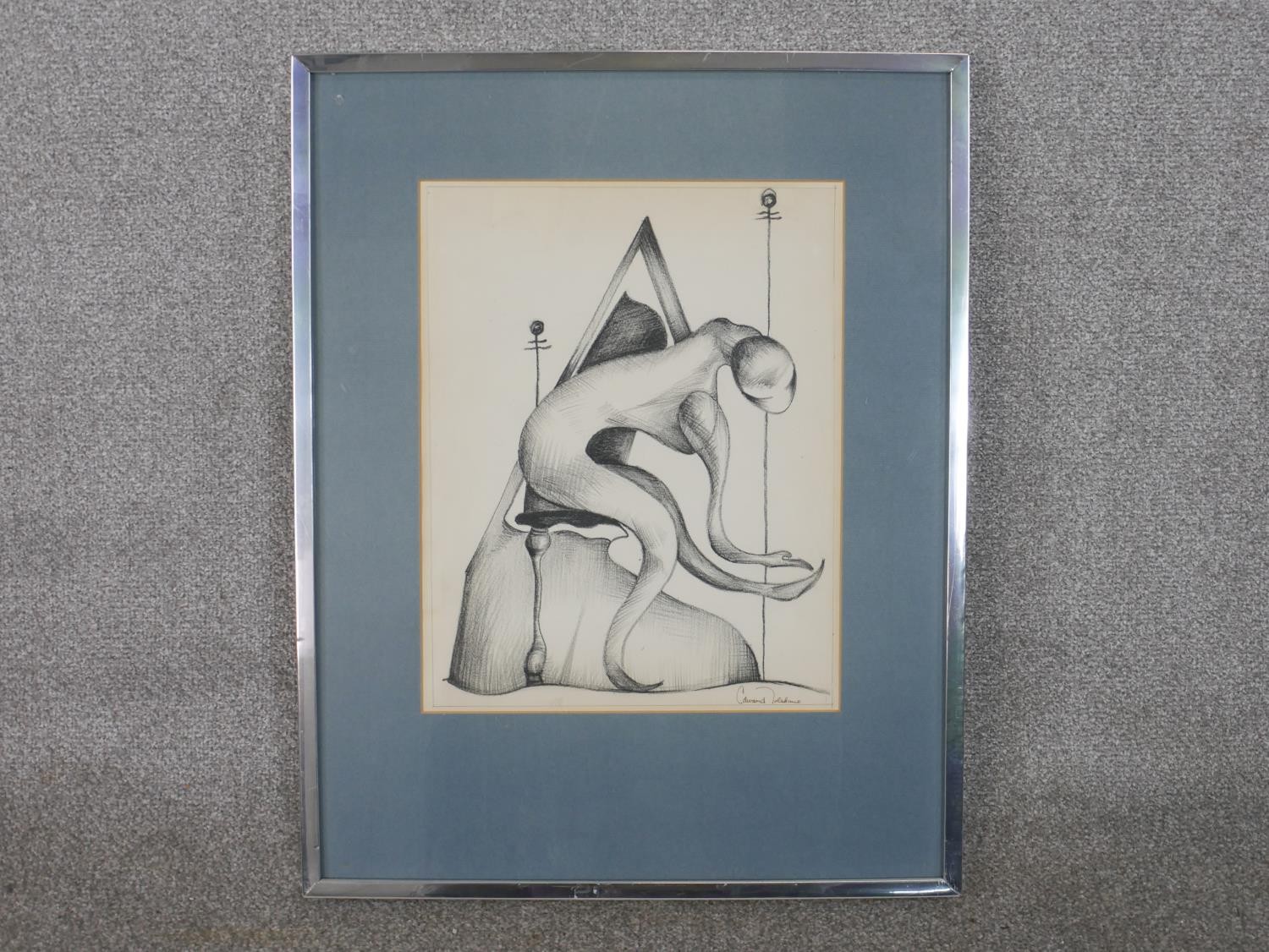 Edward Toledano (1919 - 2009), charcoal on paper, surreal figure study, signed. H.62 W.49cm