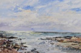 A large framed oil on canvas of a coastal landscape, indistinctly signed along with a watercolour of