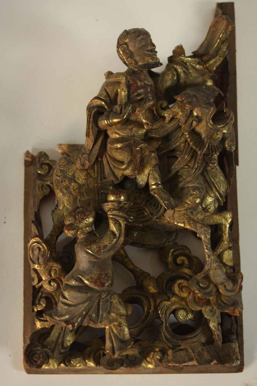 Two Chinese carved wood furniture panels, one carved with a procession of figures queueing to meet - Image 5 of 7