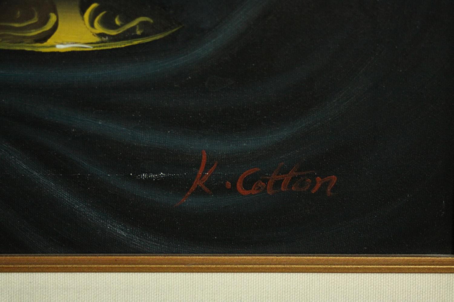 K Cotton (late 20th century school), Still Life With Fruit, oil on canvas, signed lower right. H. - Image 4 of 5