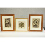 Three framed and glazed calligraphic studies, indistinctly signed. H.43 W.37cm. (largest)
