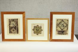 Three framed and glazed calligraphic studies, indistinctly signed. H.43 W.37cm. (largest)