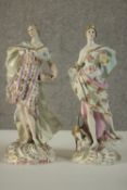 Two 19th century hand painted porcelain figures of Classical style ladies, one with a basket of