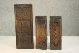 Three 19th century carved printing blocks, two with stylised floral design. L.47 W.19 D.2cm. (