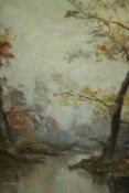 A framed oil on canvas of trees in Autumn by the river, indistinctly signed. H.66 W.49cm.