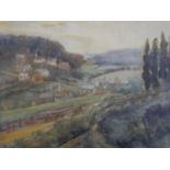 A framed and glazed watercolour of a Continental countryside landscape, signed Agnes Hayward. H.45