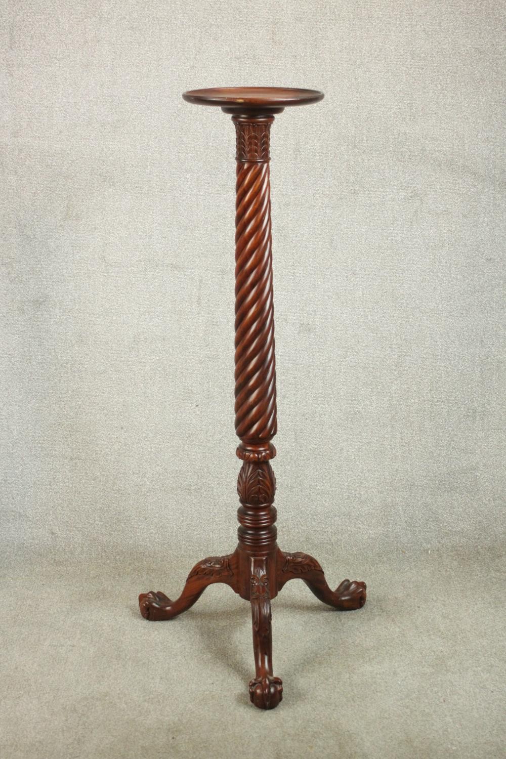 A Victorian style mahogany torchere, with a dished top on a wrythen column on tripod legs - Image 2 of 7